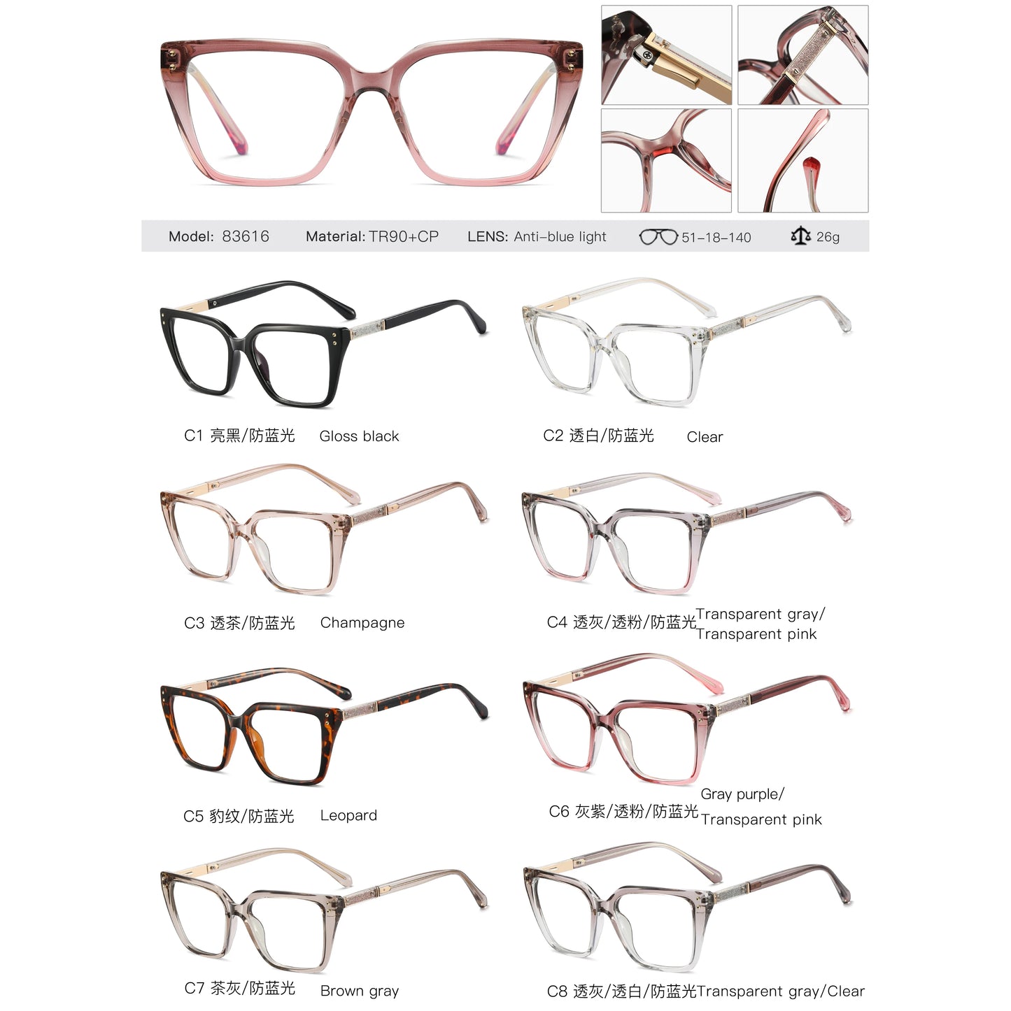Reading Glasses Anti-Blue Light Women's Classic Square Thick Frame Optical Eyewear for Female