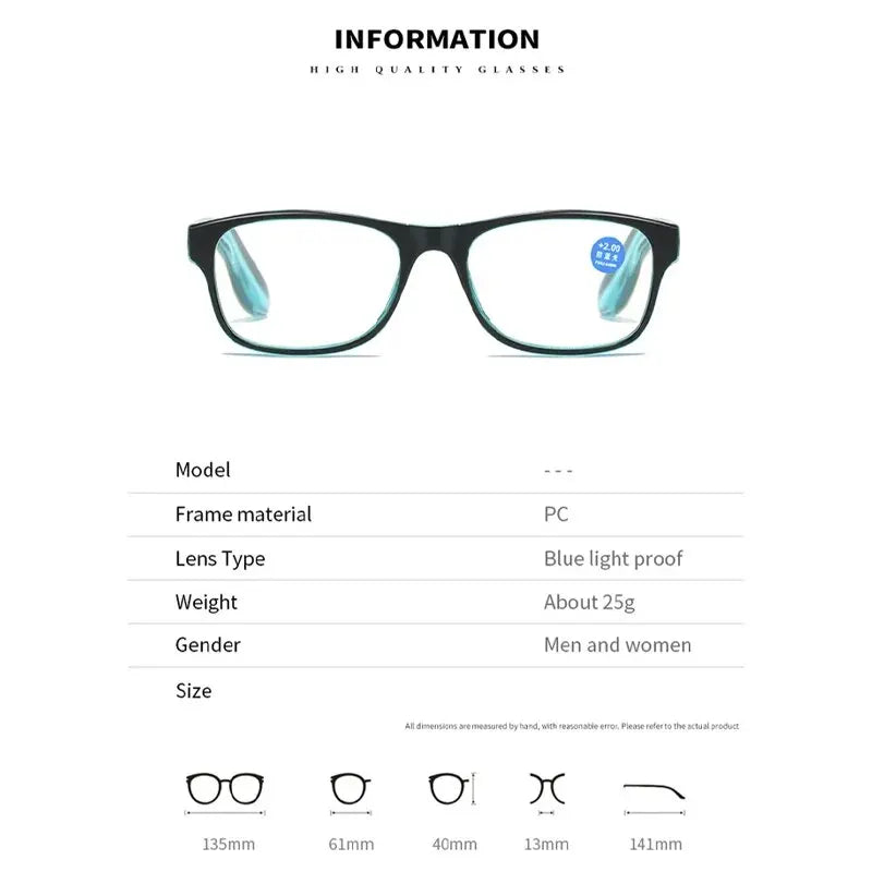 Reading glasses Anti Blue Light Reading Glasses Fashion Women Men Clear Square Computer Presbyopic Eyeglasses Spring Legs Frame Eyewear