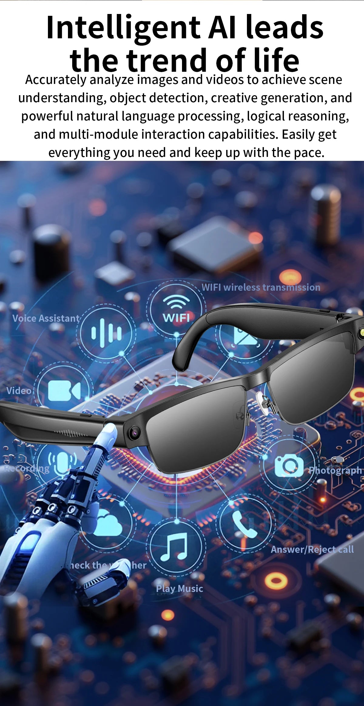 Sunglasses Smart Glasses 8 Million Pixels Recording Videos AI Photo Recognition Answer Translation 270mAh Bluetooth Glasses New
