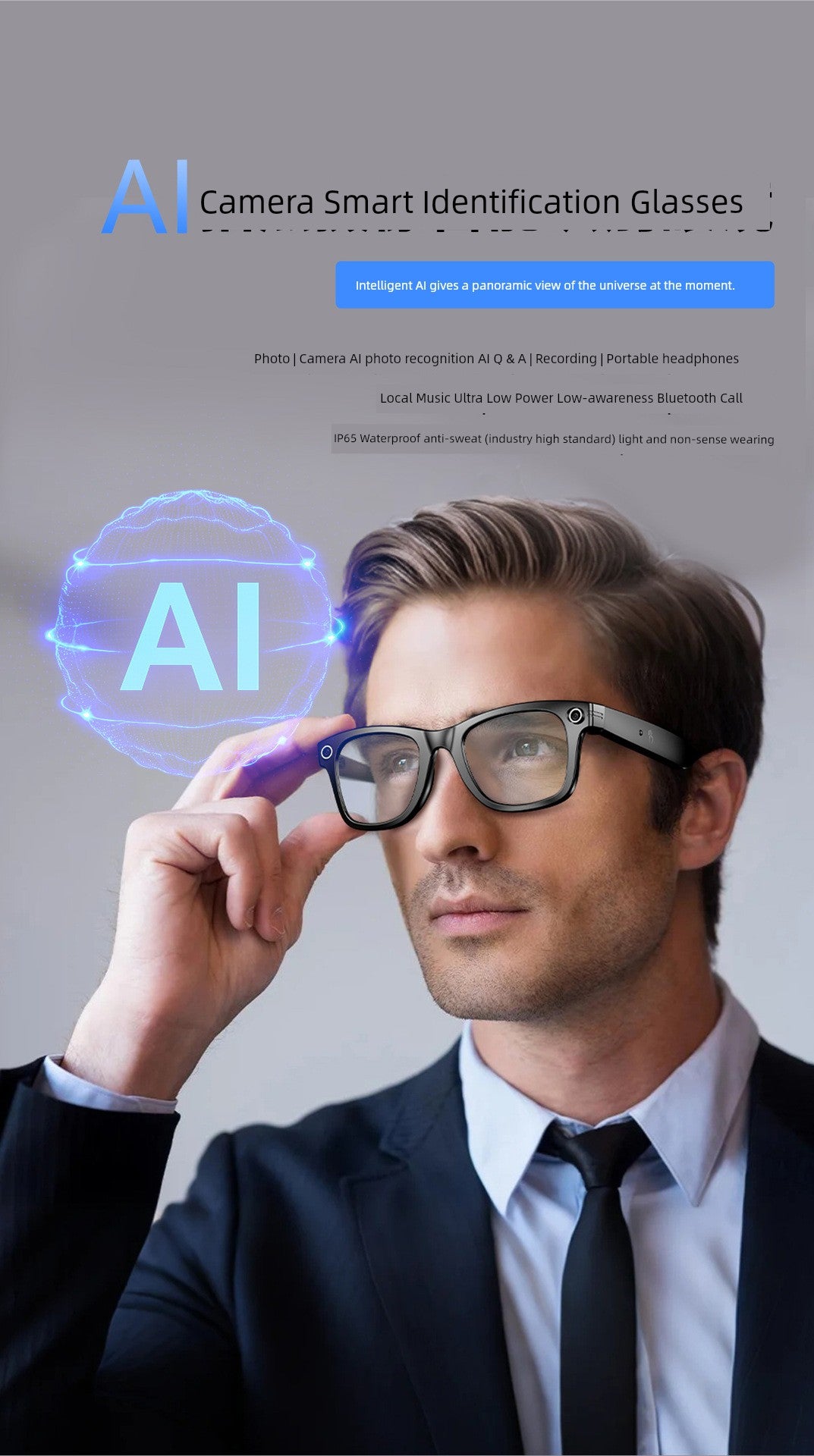 Ai Smart Glasses Unisex Travel Black Technology Smart Glasses Camera All-in-One Sports Camera HD AI Artificial Intelligent Sunglasses Recording Video
