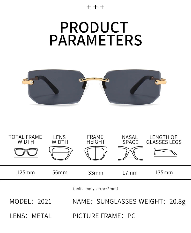 3 Pairs Per Set Sunglasses Fashion Women Rectangle Rimless Glasses Casual Simple Outdoor Female Populor Accessory Eyewear