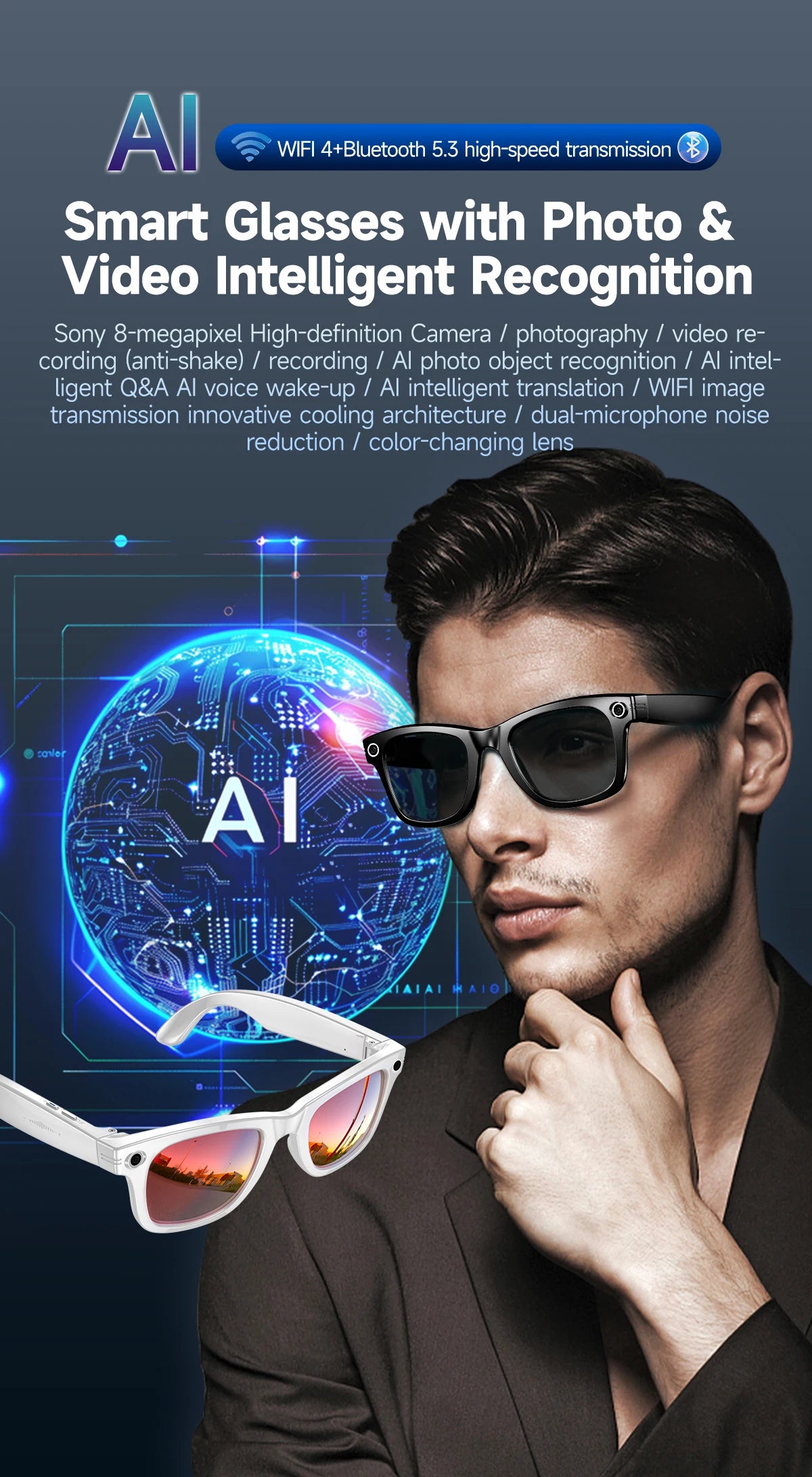 Ai Smart Glasses Unisex AI Smart Glasses with 8MP Camera Video Recording 100+ Languages Translation Sunglasses Bluetooth Call Music Play Men Women