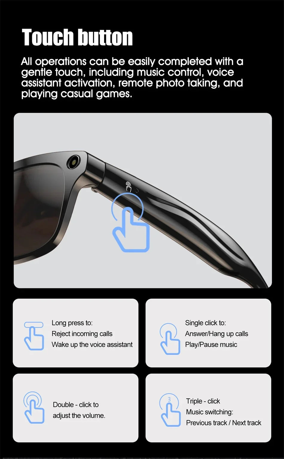 Ai Smart Glasses Unisex 4K HD AI Smart Glasses Chat GPT 100MP Camera Bluetooth Call 260Mah Battery Voice Assistant Control Smart Glasses