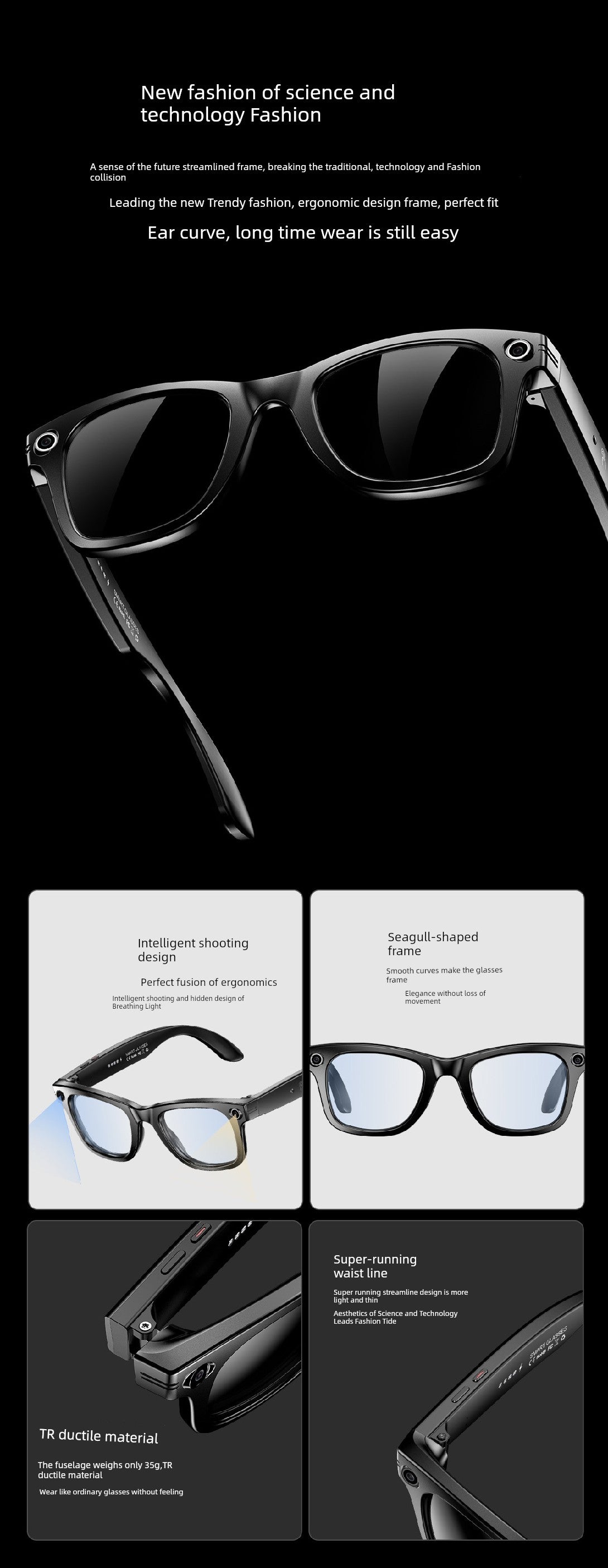 Ai Smart Glasses Unisex Travel Black Technology Smart Glasses Camera All-in-One Sports Camera HD AI Artificial Intelligent Sunglasses Recording Video