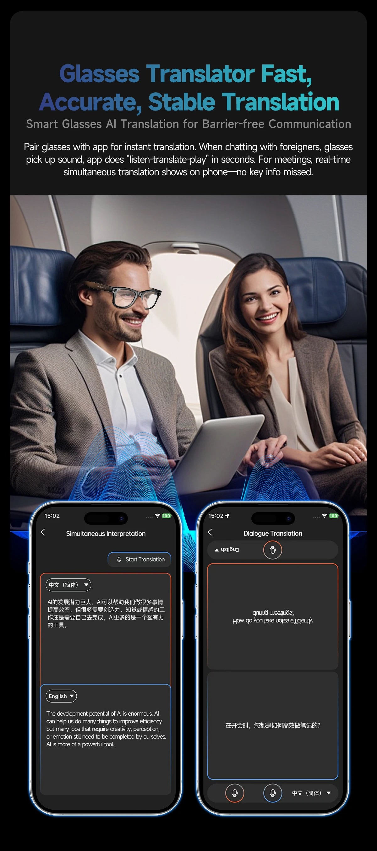 Ai Smart Glasses Unisex AI Smart Glasses with 8MP Camera Video Recording 100+ Languages Translation Sunglasses Bluetooth Call Music Play Men Women
