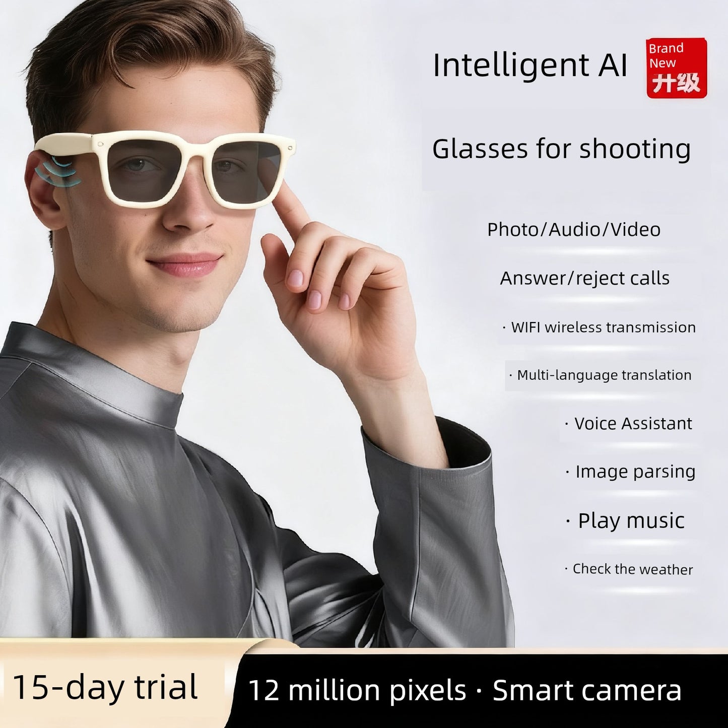 Ai Smart Glasses Unisex Smart Glasses Camera Shooting Function AI Translation Travel Black Technology Outdoor Sunglasses Built-in Camera Recording Integrated