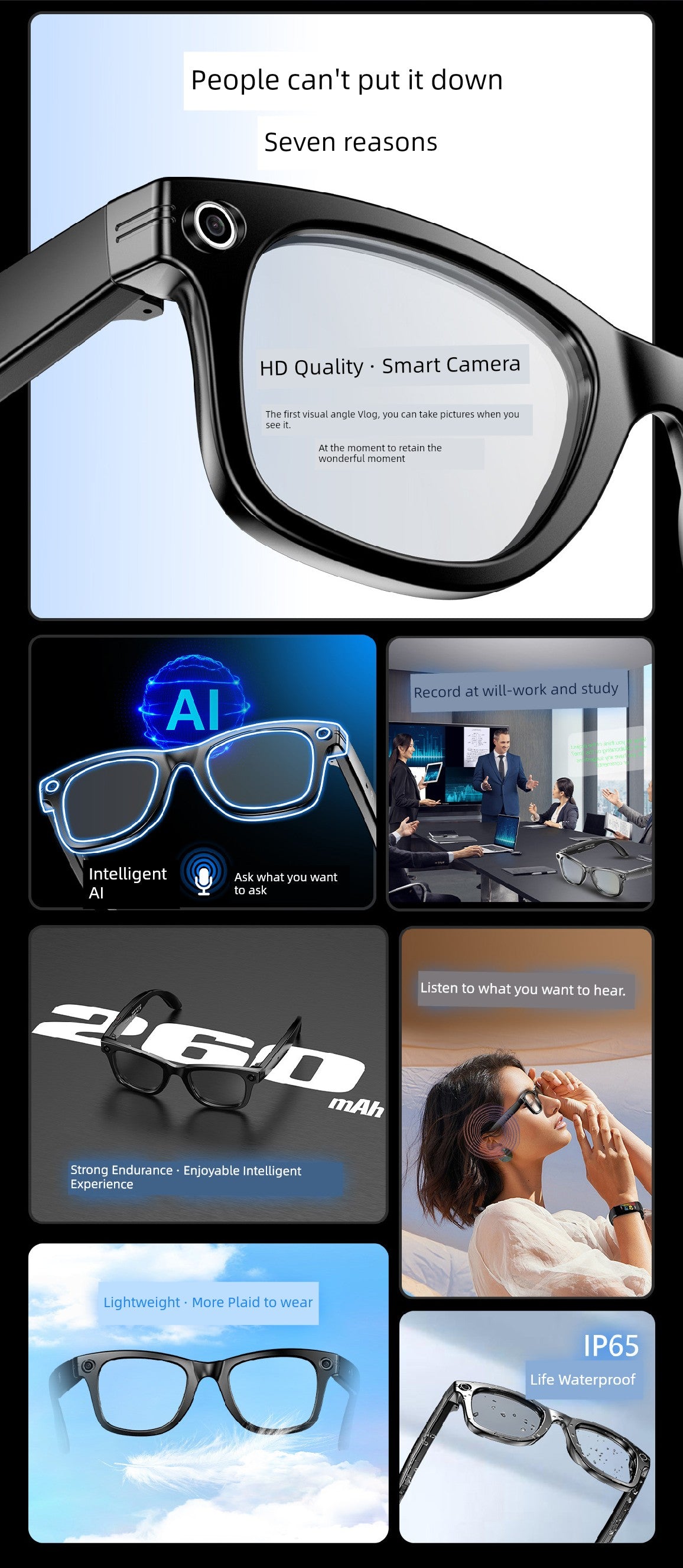 Ai Smart Glasses Unisex Travel Black Technology Smart Glasses Camera All-in-One Sports Camera HD AI Artificial Intelligent Sunglasses Recording Video