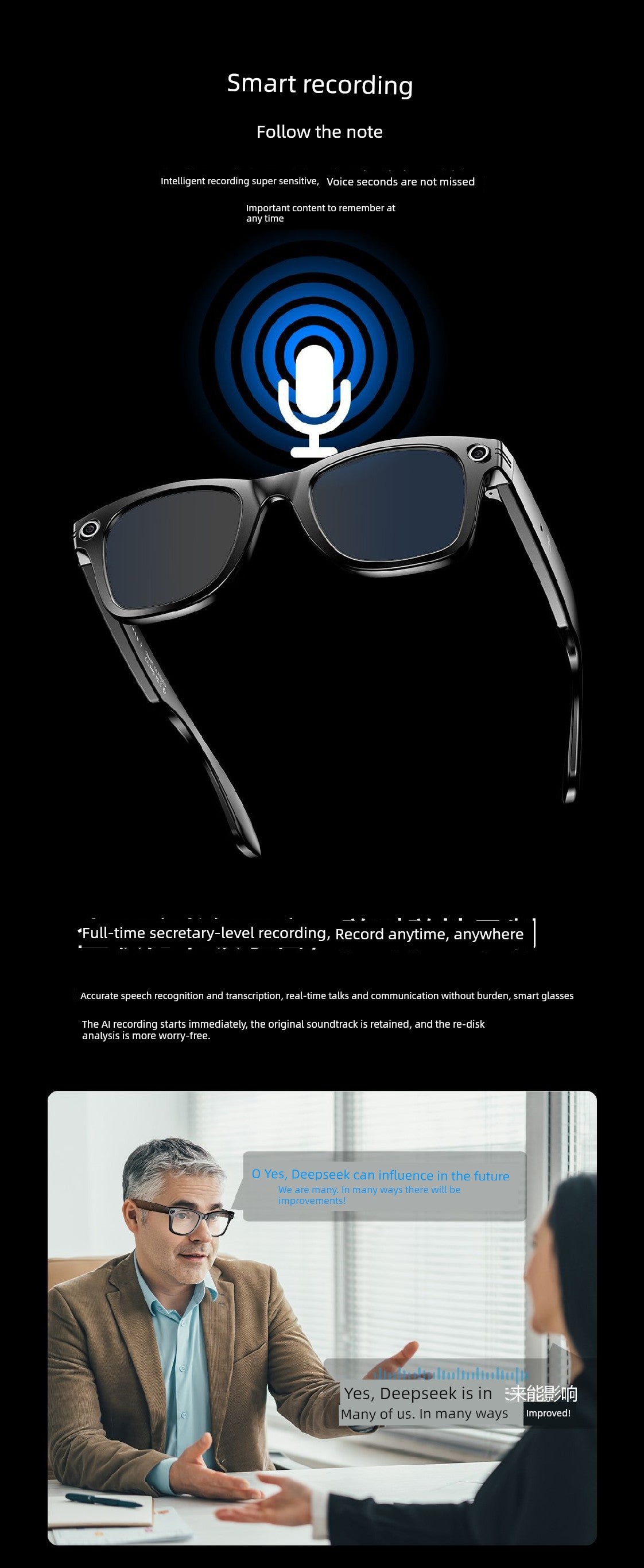 Ai Smart Glasses Unisex Travel Black Technology Smart Glasses Camera All-in-One Sports Camera HD AI Artificial Intelligent Sunglasses Recording Video