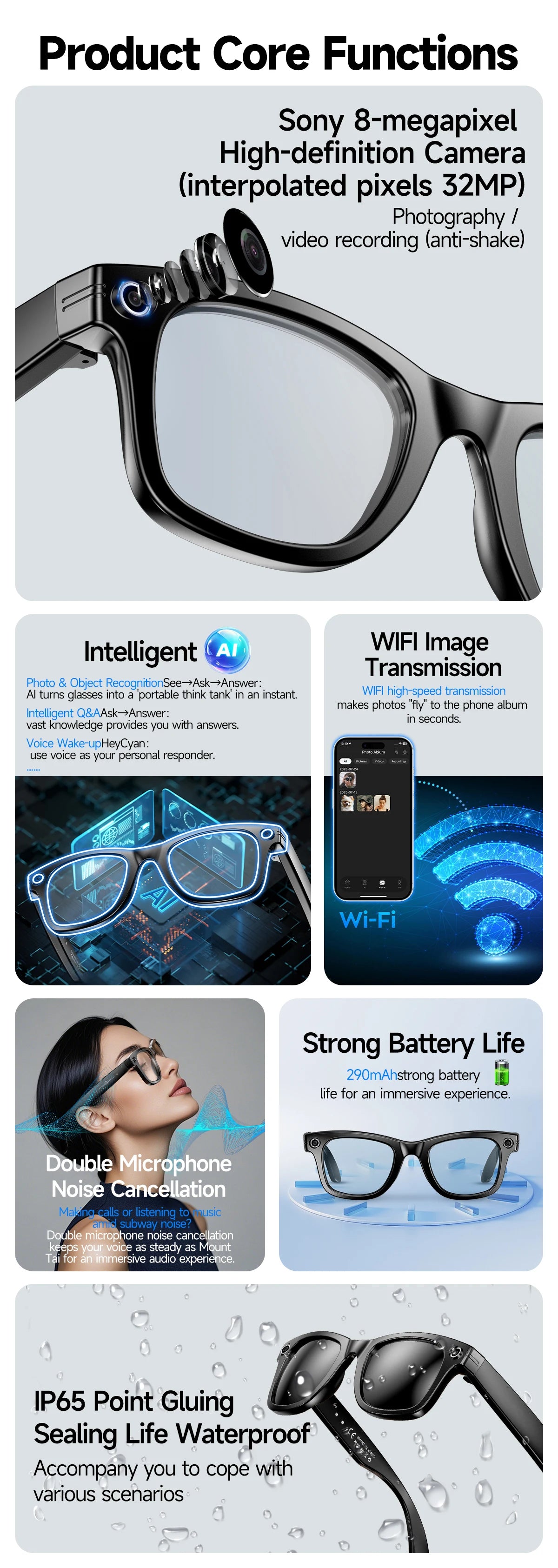 Ai Smart Glasses Unisex AI Smart Glasses with 8MP Camera Video Recording 100+ Languages Translation Sunglasses Bluetooth Call Music Play Men Women