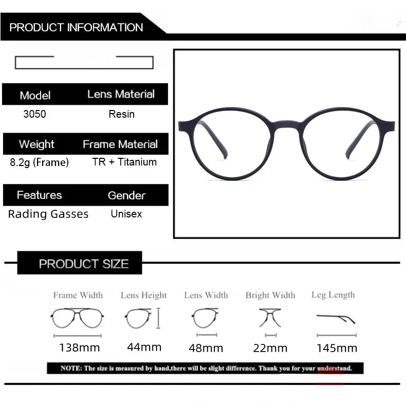 3050 Pure Titanium Round Frame Anti Blue Light Reading Glasses Men / Woman Computer Presbyopic Eyeglasses Magnifying Eyewear