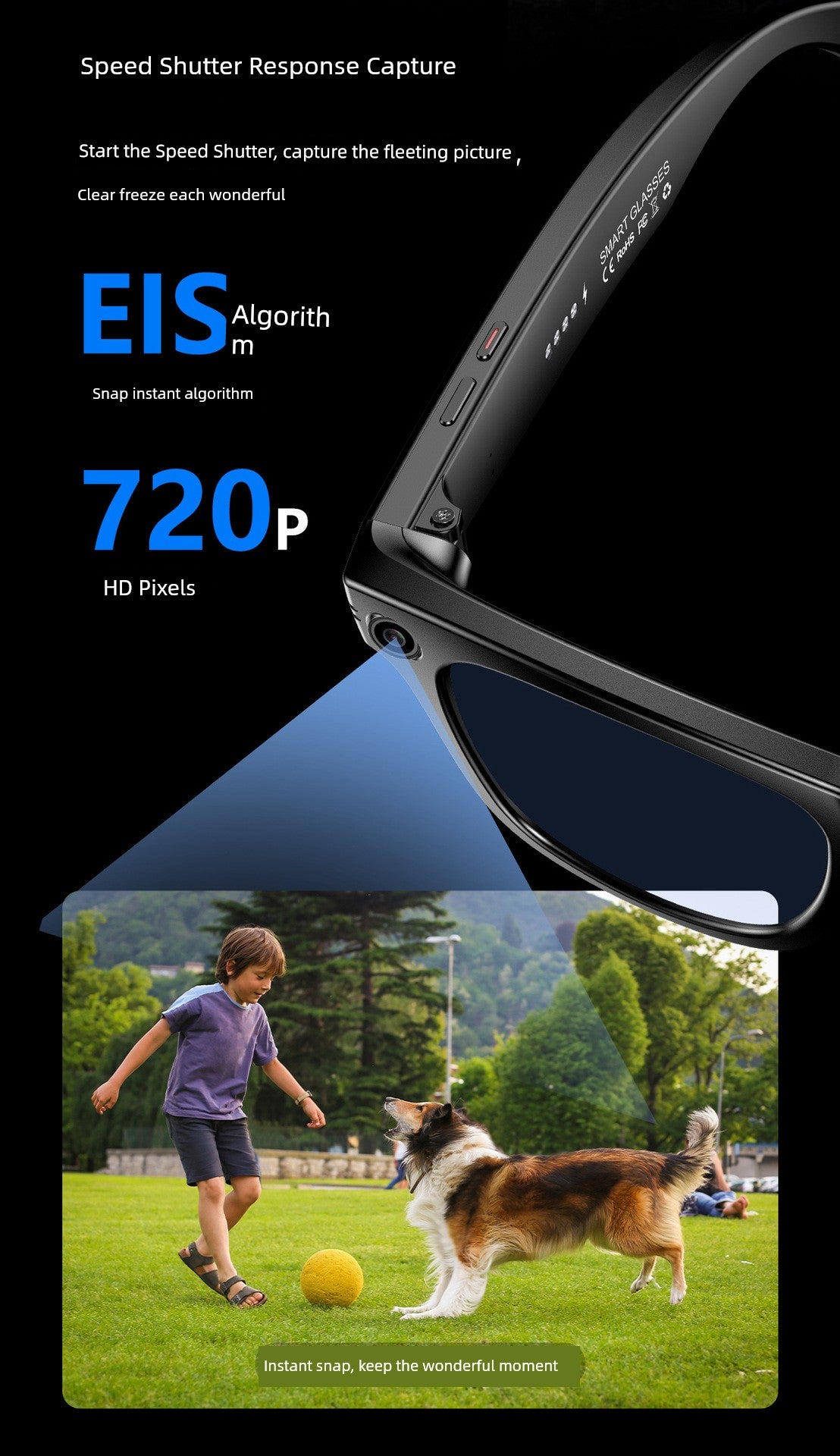 Ai Smart Glasses Unisex Smart Glasses Camera Shooting Function AI Translation Travel Black Technology Outdoor Sunglasses Built-in Camera Recording Integrated