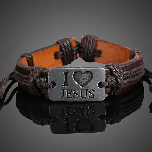 I LOVE JESUS Faux Leather Bangle Hemp Rope Chain Adjustable Bracelet