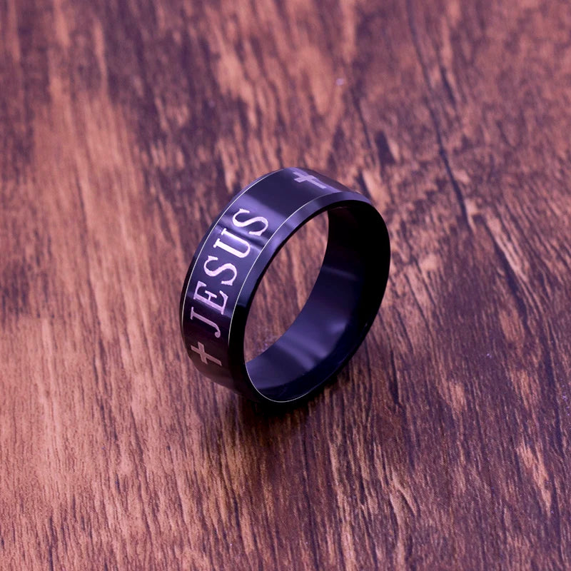 Black Titanium Steel Jesus Rings Cross Prayer Letter Bible Wedding Band Ring Men Jewelry