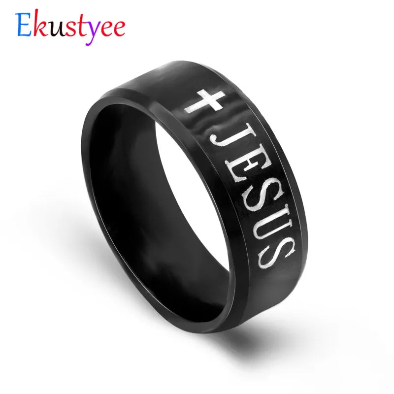 Black Titanium Steel Jesus Rings Cross Prayer Letter Bible Wedding Band Ring Men Jewelry