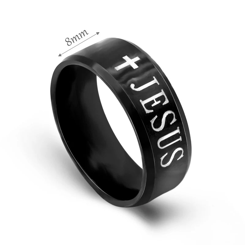 Black Titanium Steel Jesus Rings Cross Prayer Letter Bible Wedding Band Ring Men Jewelry