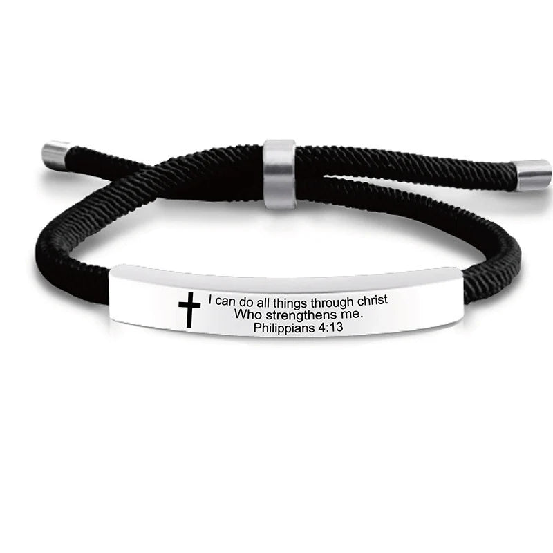 Cross Jesus Scripture  Bracelet Christian Bible Verse Engraved Letters Stainless Steel Bracelets Braided Rope Wristband