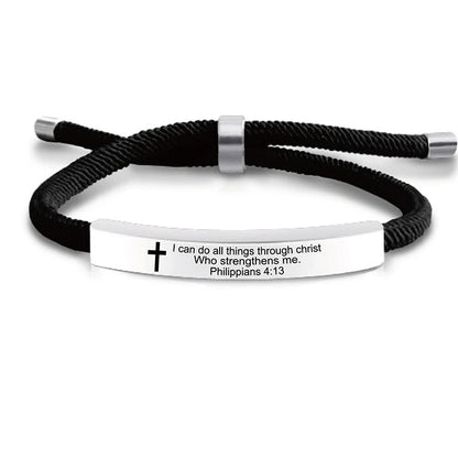 Cross Jesus Scripture  Bracelet Christian Bible Verse Engraved Letters Stainless Steel Bracelets Braided Rope Wristband