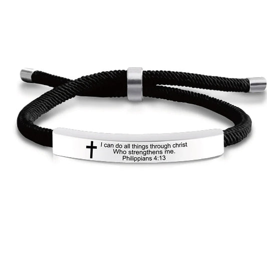 Cross Jesus Scripture  Bracelet Christian Bible Verse Engraved Letters Stainless Steel Bracelets Braided Rope Wristband