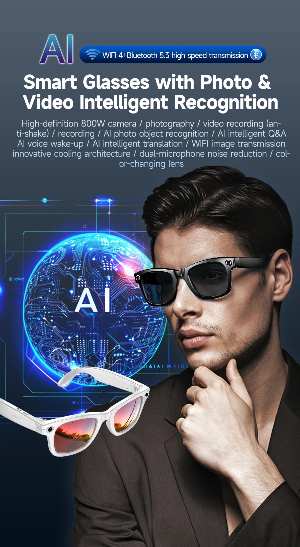 Ai Smart Glasses Unisex  smart glasses with Camera Video 8MP Translation Sunglasses Bluetooth Call Music Play Men Women Recording 100+ Languages