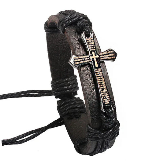 Leather Bracelets & Bangles Metal Cross Jesus Bracelet Adjustable Wax Cord Brown Black