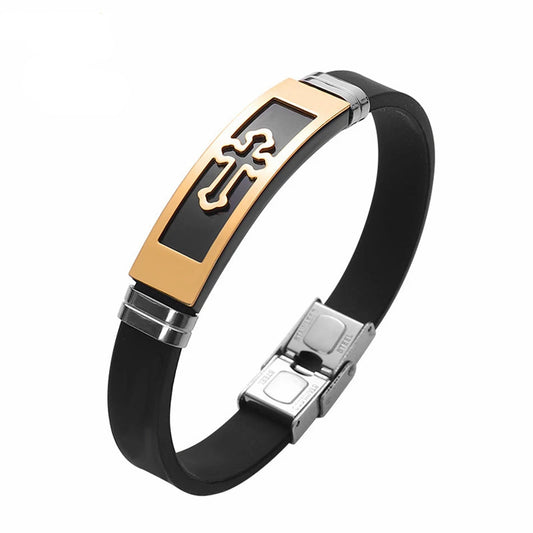 Stainless Steel Cross Bracelets Bangles Black Soft Silicone Wristband Buckle Bracelet Women Men Christianity Jewelry