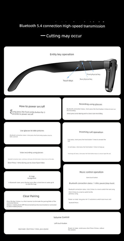 Ai Smart Glasses Unisex Travel Black Technology Smart Glasses Camera All-in-One Sports Camera HD AI Artificial Intelligent Sunglasses Recording Video