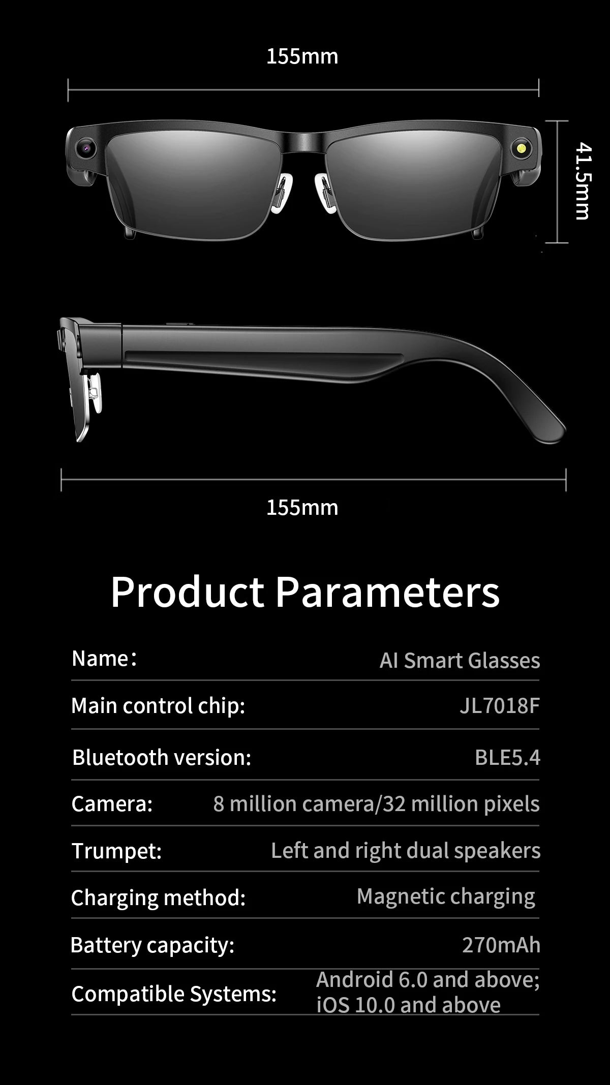 Sunglasses Smart Glasses 8 Million Pixels Recording Videos AI Photo Recognition Answer Translation 270mAh Bluetooth Glasses New