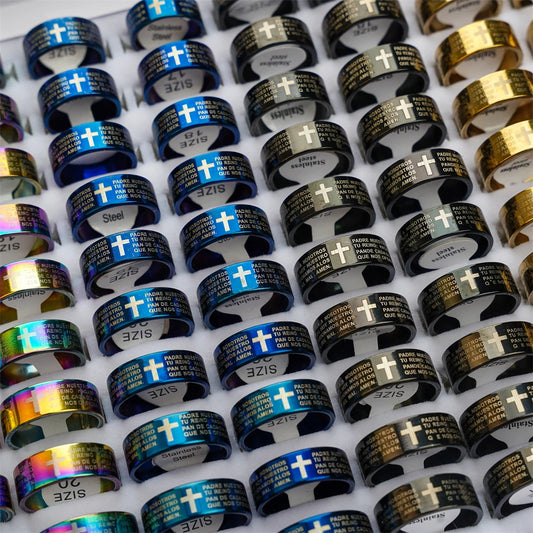 10Pcs/Lot Classic Bible Jesus God Cross Stainless Steel Faith Ring For Men Women Believer Prayer Religion