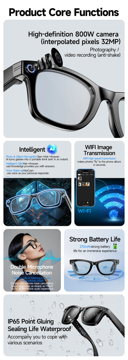 Ai Smart Glasses Unisex  smart glasses with Camera Video 8MP Translation Sunglasses Bluetooth Call Music Play Men Women Recording 100+ Languages