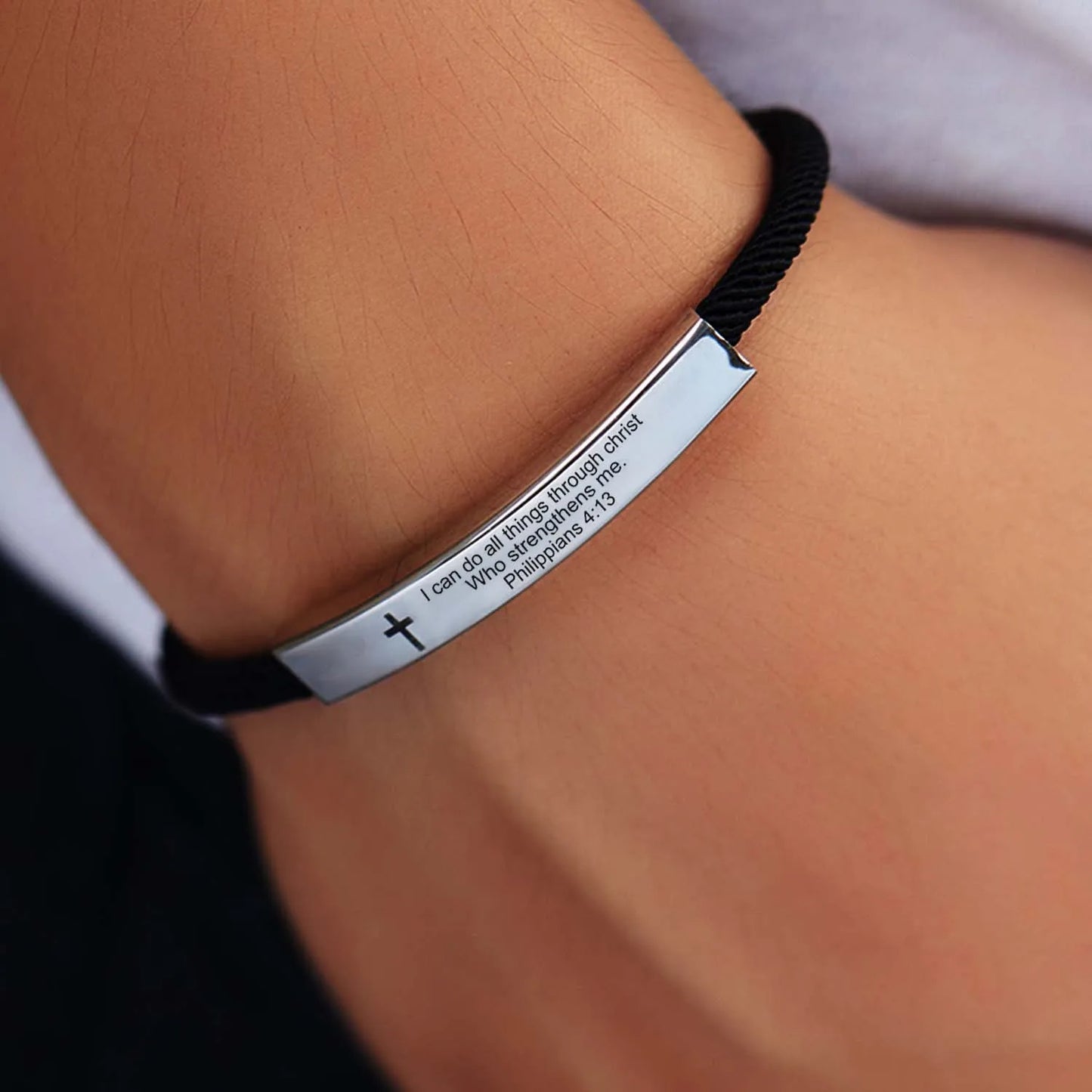Cross Jesus Scripture  Bracelet Christian Bible Verse Engraved Letters Stainless Steel Bracelets Braided Rope Wristband