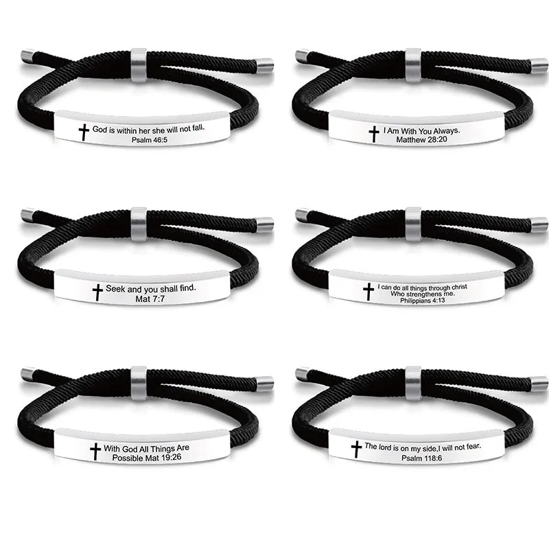 Cross Jesus Scripture  Bracelet Christian Bible Verse Engraved Letters Stainless Steel Bracelets Braided Rope Wristband