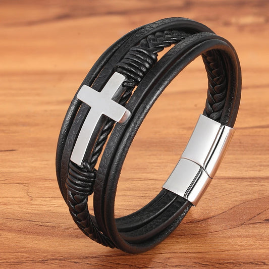 Christian Bracelet Stainless Steel Leather Black Leather Wristband Bangle Jewelry
