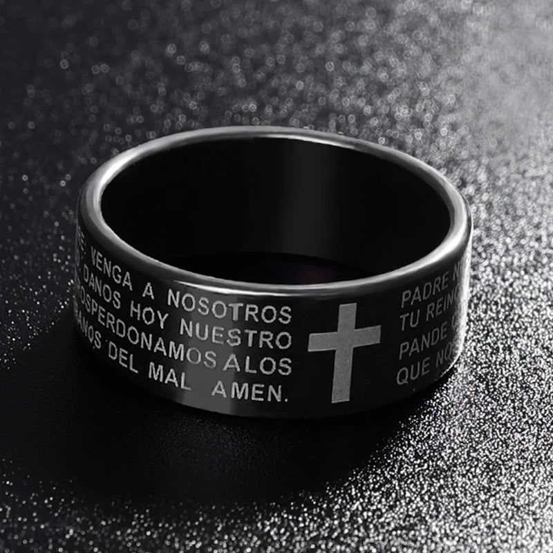 Men Women Ring Stainless Steel Black Color Jesus Cross Ring Letter Bible Verse Prayer Finger 7mm
