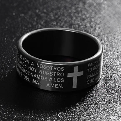 Men Women Ring Stainless Steel Black Color Jesus Cross Ring Letter Bible Verse Prayer Finger 7mm