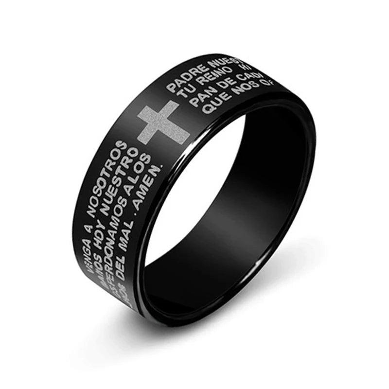 Men Women Ring Stainless Steel Black Color Jesus Cross Ring Letter Bible Verse Prayer Finger 7mm