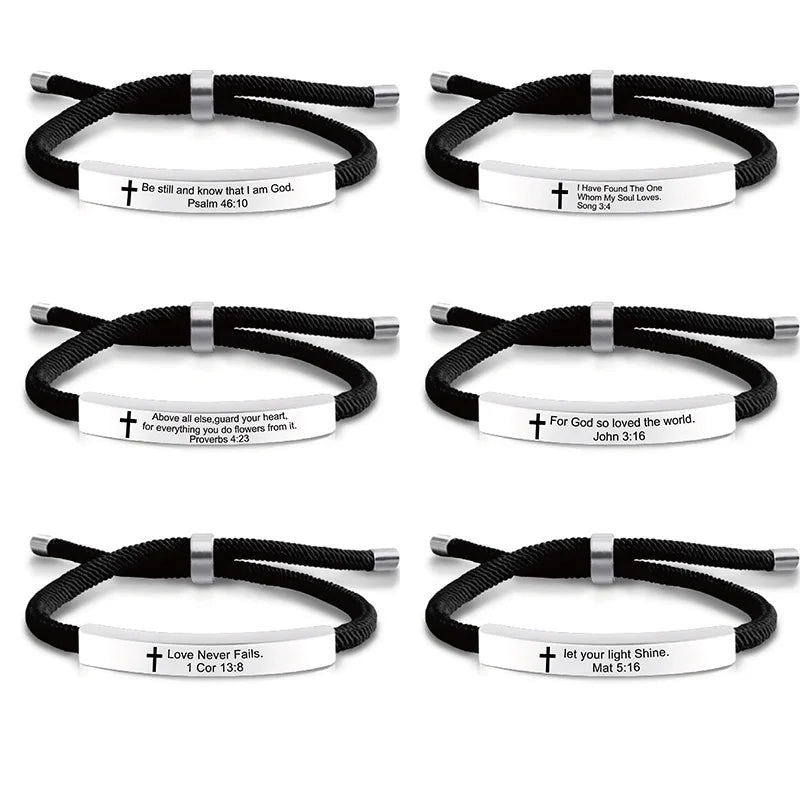 Cross Jesus Scripture  Bracelet Christian Bible Verse Engraved Letters Stainless Steel Bracelets Braided Rope Wristband