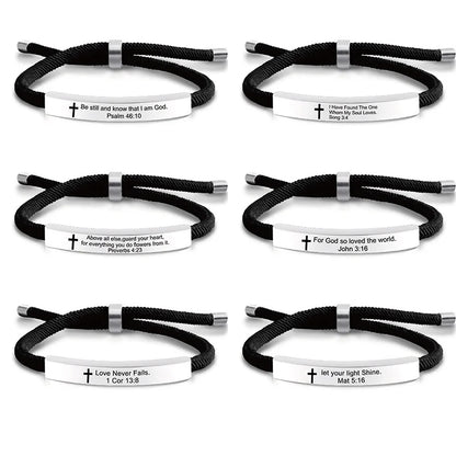 Cross Jesus Scripture  Bracelet Christian Bible Verse Engraved Letters Stainless Steel Bracelets Braided Rope Wristband
