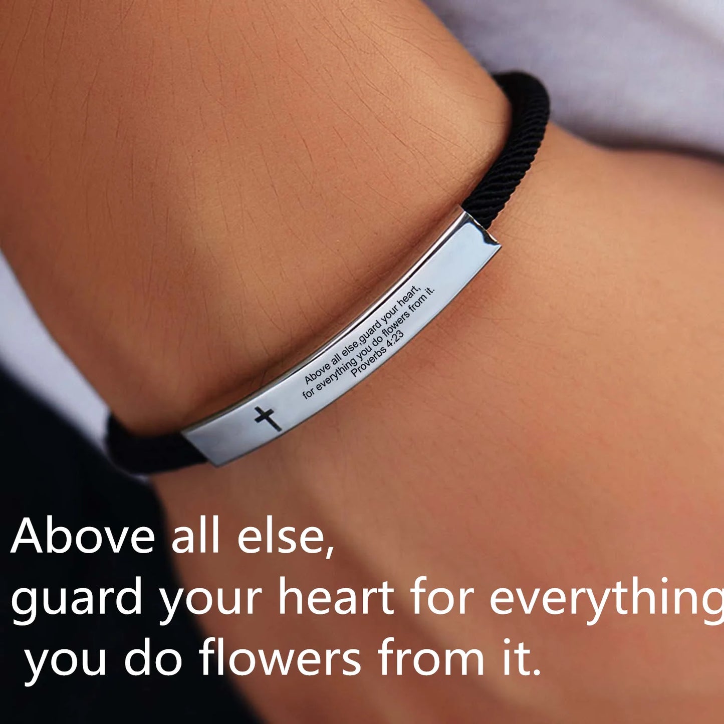 Cross Jesus Scripture  Bracelet Christian Bible Verse Engraved Letters Stainless Steel Bracelets Braided Rope Wristband