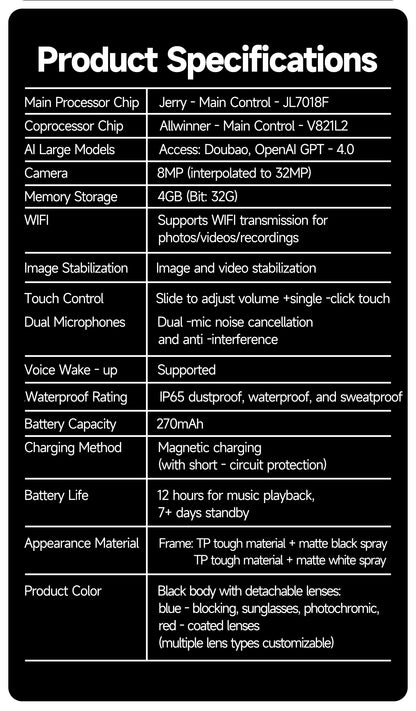 Ai Smart Glasses Unisex  smart glasses with Camera Video 8MP Translation Sunglasses Bluetooth Call Music Play Men Women Recording 100+ Languages