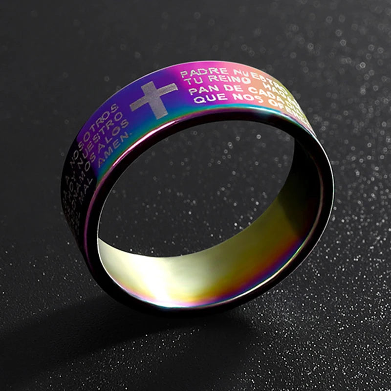 Men Women Ring Stainless Steel Black Color Jesus Cross Ring Letter Bible Verse Prayer Finger 7mm