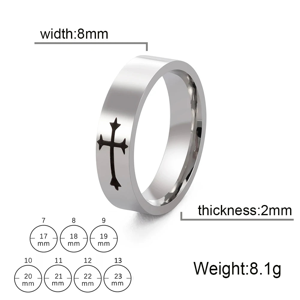 Stainless Steel Jesus Cross Ring Christ Bible Prayer Finger Rings For Men 8mm 6mm Amulet Jewelry Size 7-13