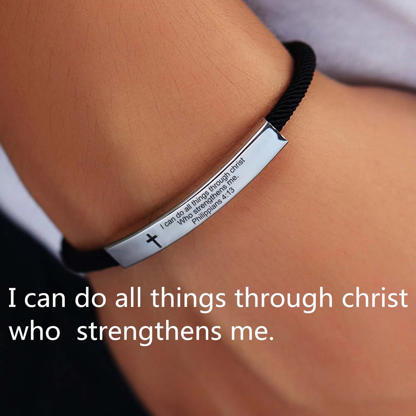 Cross Jesus Scripture  Bracelet Christian Bible Verse Engraved Letters Stainless Steel Bracelets Braided Rope Wristband
