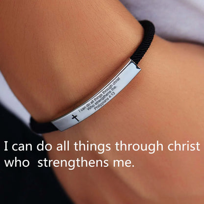 Cross Jesus Scripture  Bracelet Christian Bible Verse Engraved Letters Stainless Steel Bracelets Braided Rope Wristband
