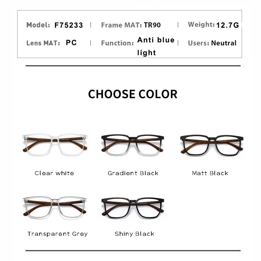 ANTI BLUE LIGHT Wood Pattern Retro /  Glasses for Men Optical TR90 MEN / WOMEN  Square Glasses Frame  Clear Lens Gift Frames F75233