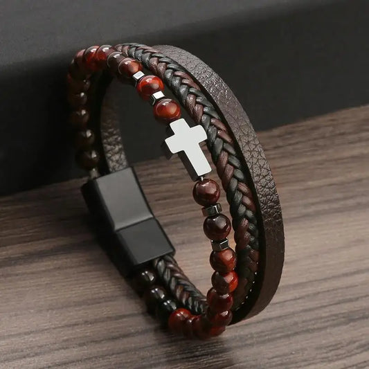Pendant Multi Layer Leather Bracelet for Men Women Classic Christian Prayer Christmas New Year Gift