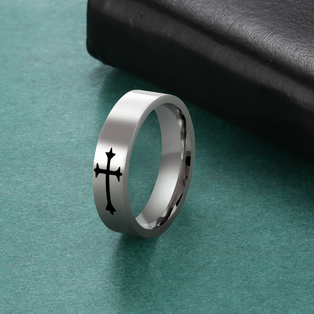Stainless Steel Jesus Cross Ring Christ Bible Prayer Finger Rings For Men 8mm 6mm Amulet Jewelry Size 7-13
