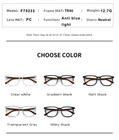 ANTI BLUE LIGHT Wood Pattern Retro /  Glasses for Men Optical TR90 MEN / WOMEN  Square Glasses Frame  Clear Lens Gift Frames F75233