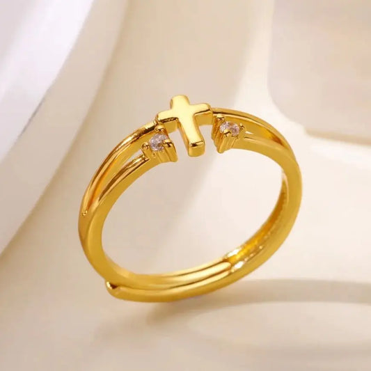 Zircon Cross Rings For Women Gold Color Stainless Steel Crystal Cross Adjustable Ring Religious Wedding Christmas Jewelry Gift