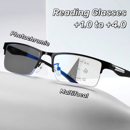 Progressive Multifocal Photochromic Reading Glasses Anti-blue Light Far Sight Glasses MEN / WOMEN  Half Frame Business Presbyopia Glasses